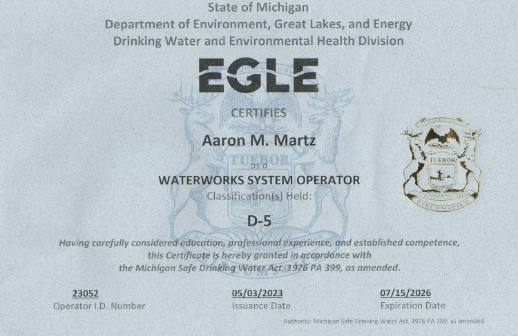 Drinking Water Certificate